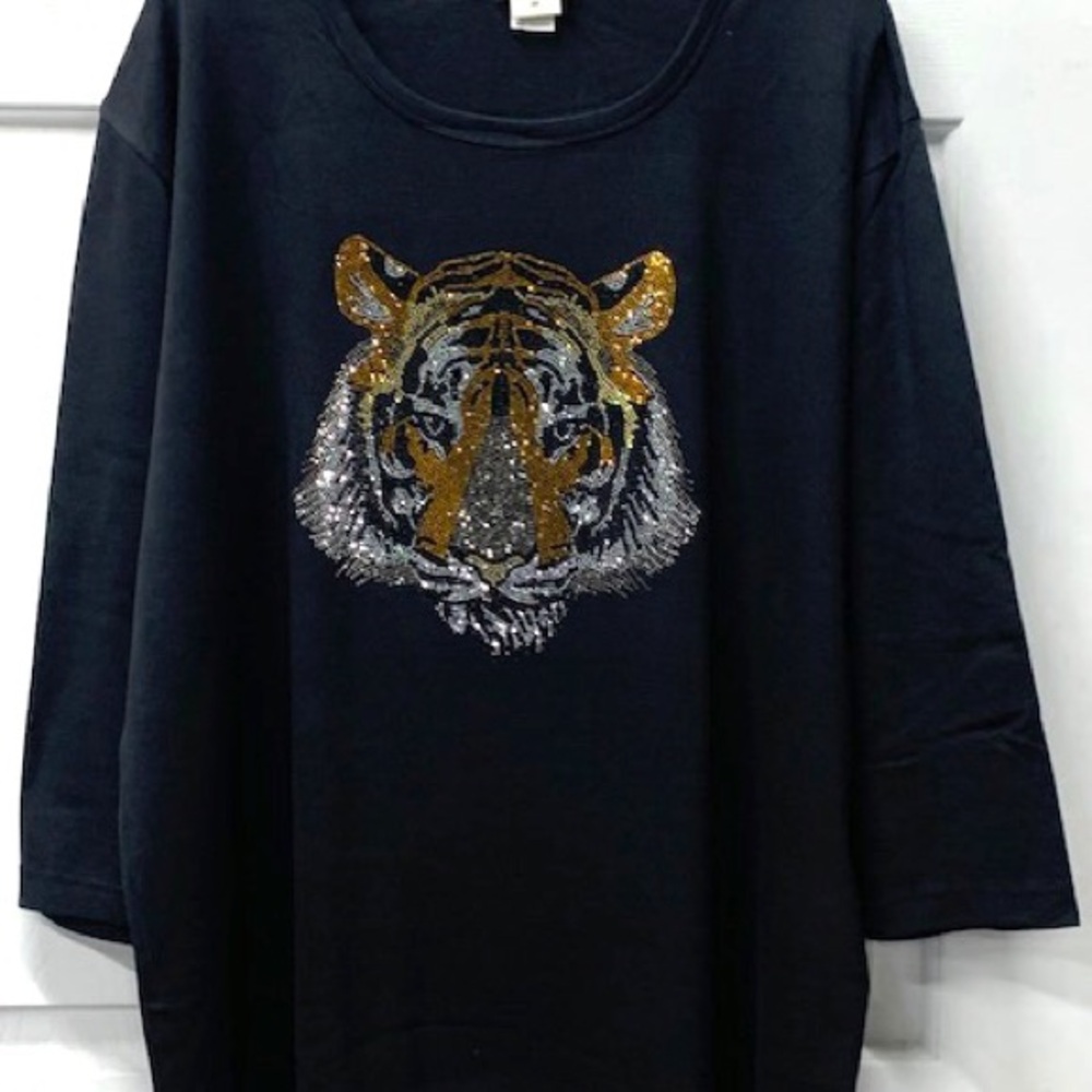 New shirt tiger premium rhinestones multicolor 3/4 sleeve black shirt - Picture 2 of 4